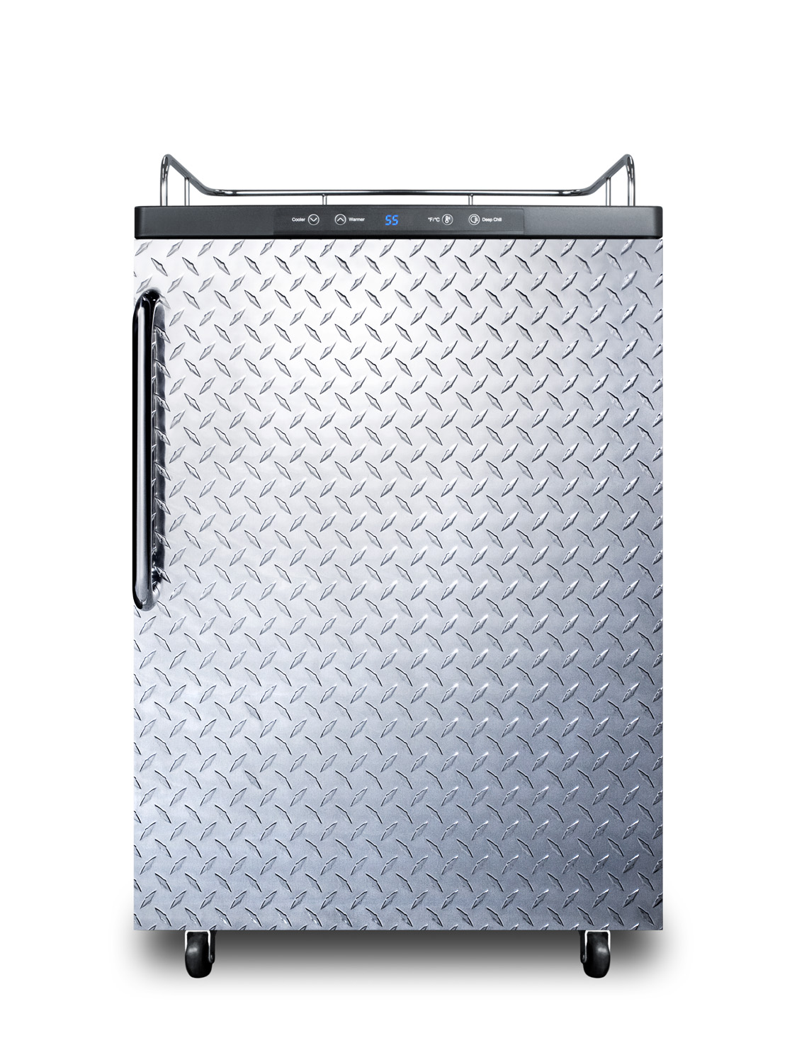 Freestanding residential beer dispenser, auto defrost w/digital thermostat, diamond plate door, TB handle, and black cabinet; no tapping equipment included